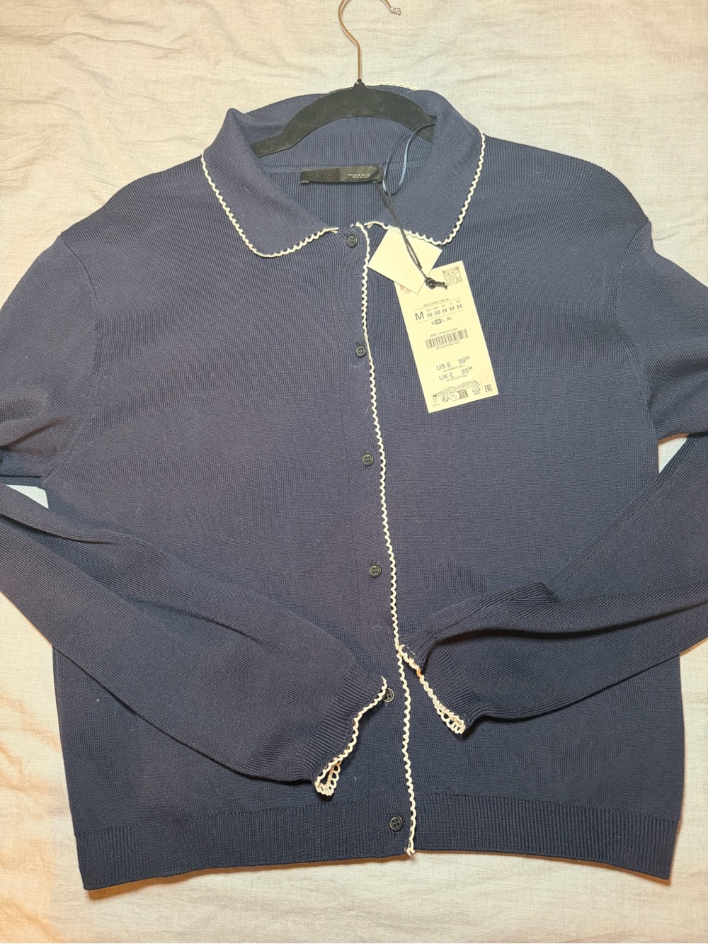 Zara Navy Cardigan with Cream Scalloped Trim